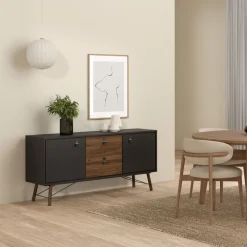 Dressoirs< Dressoir Denver Zwart / Walnoot - 150x72x40 cm