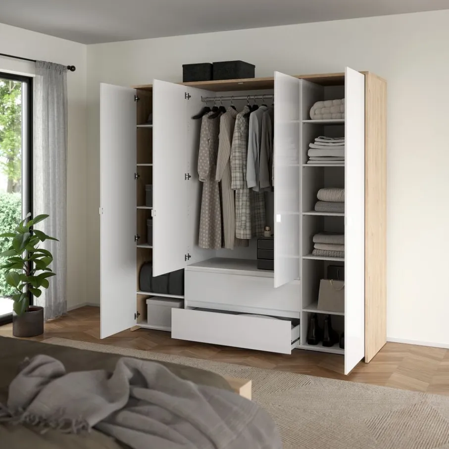 Kledingkasten< Kledingkast Atlanta Eiken / Hoogglans Wit - 197x202x58 cm