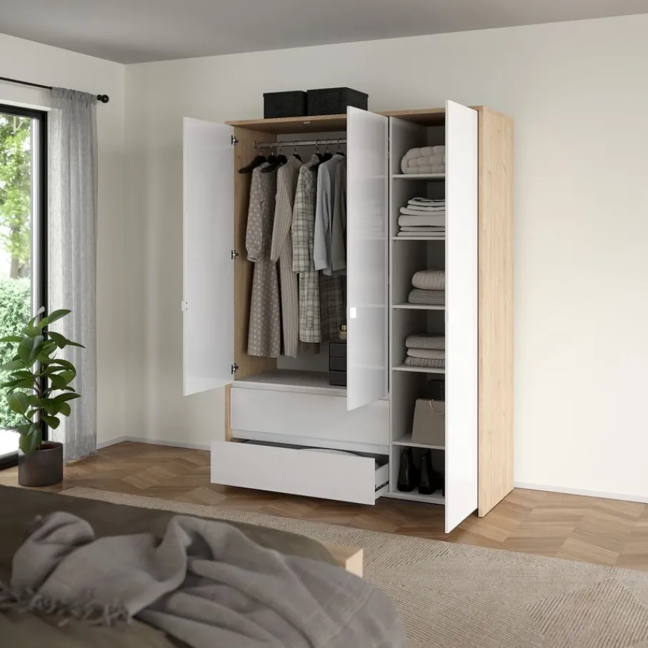 Kledingkasten< Kledingkast Atlanta Eiken / Hoogglans Wit - 149x202x58 cm