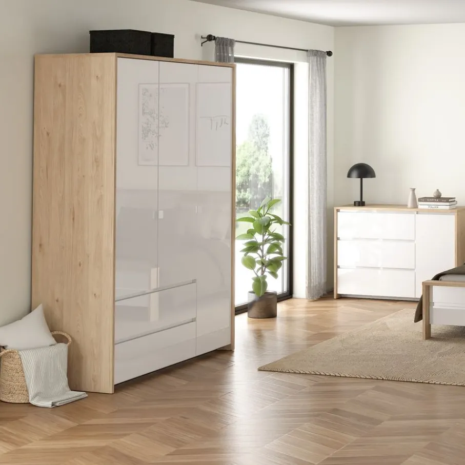 Kledingkasten< Kledingkast Atlanta Eiken / Hoogglans Wit - 149x202x58 cm
