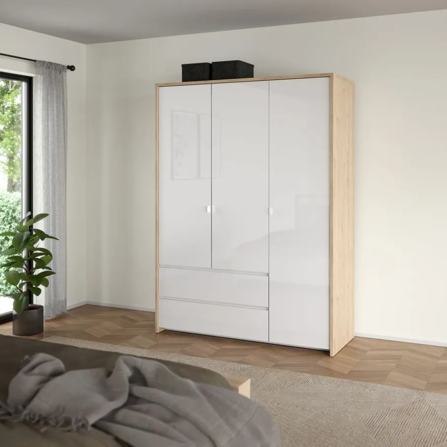 Kledingkasten< Kledingkast Atlanta Eiken / Hoogglans Wit - 149x202x58 cm