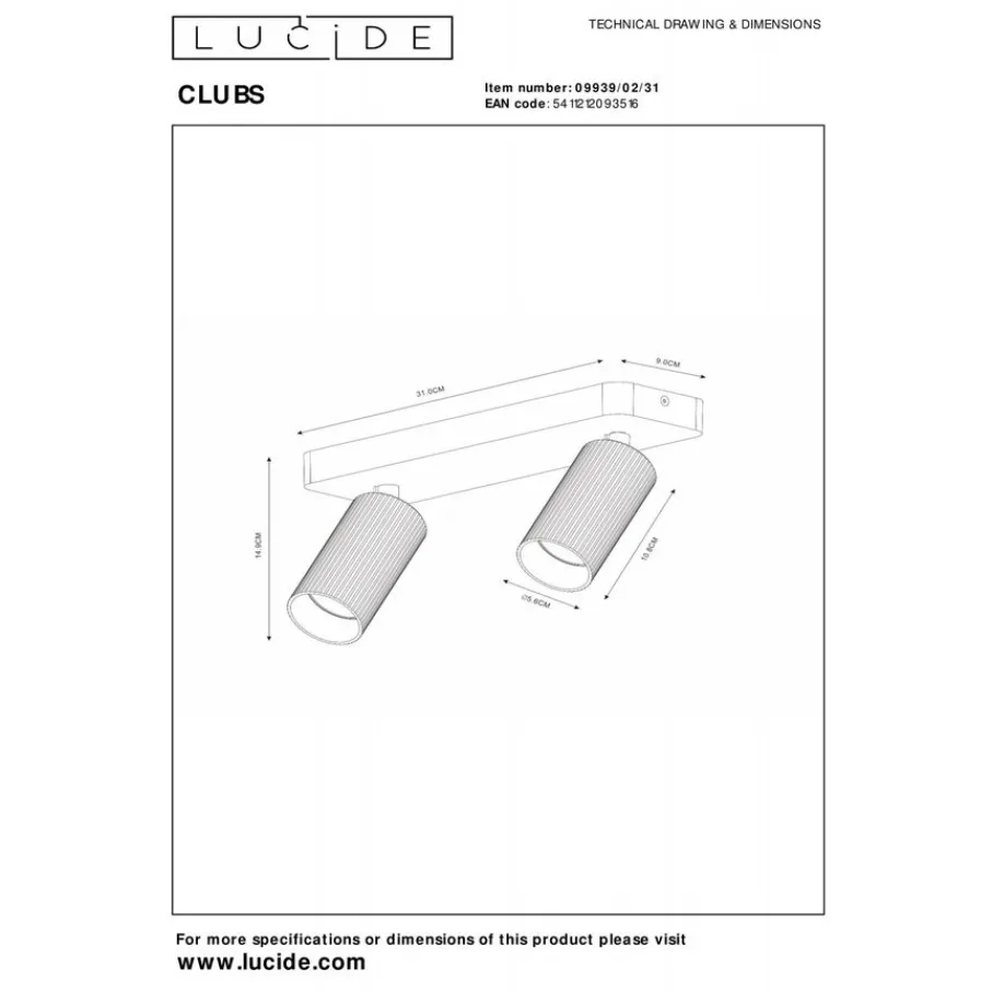 Spots<Lucide Plafondspot Clubs Wit - 2 x GU10 - 31x9 cm
