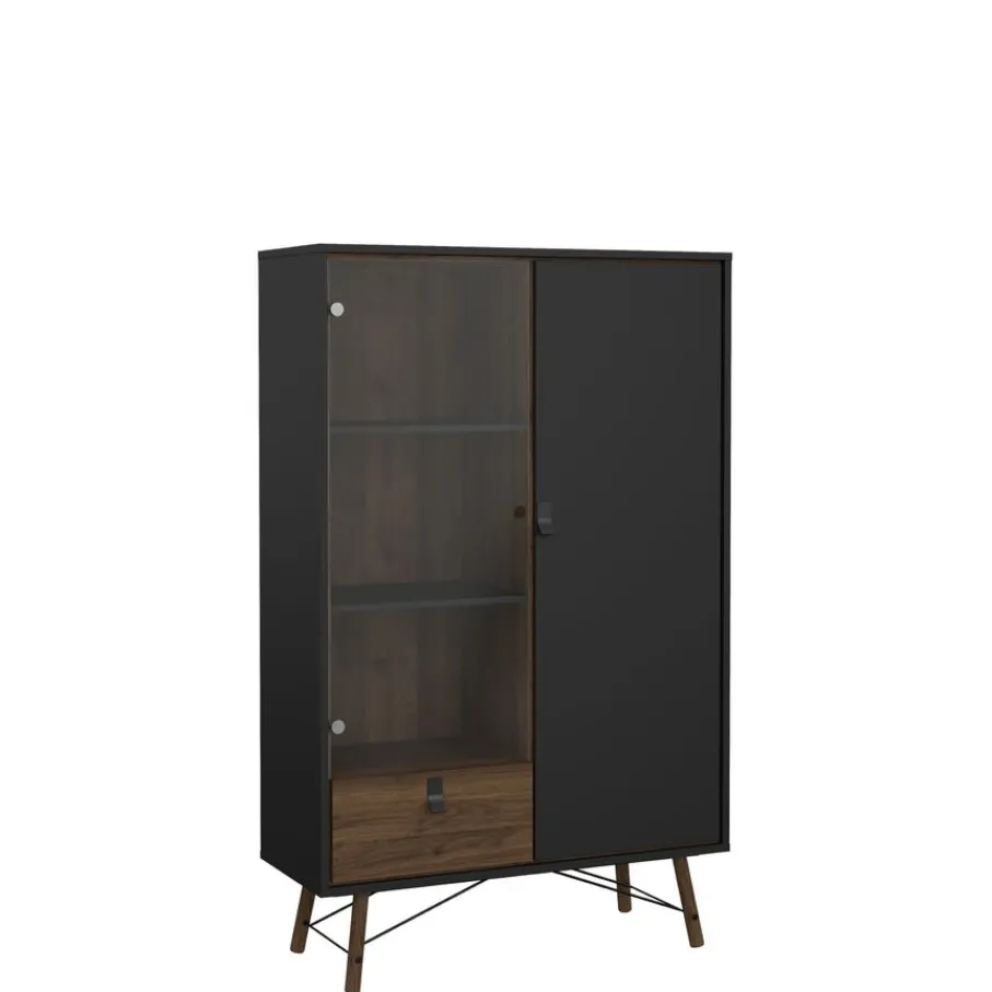 Vitrinekasten< Vitrinekast Denver Zwart / Walnoot - 102x162x40 cm