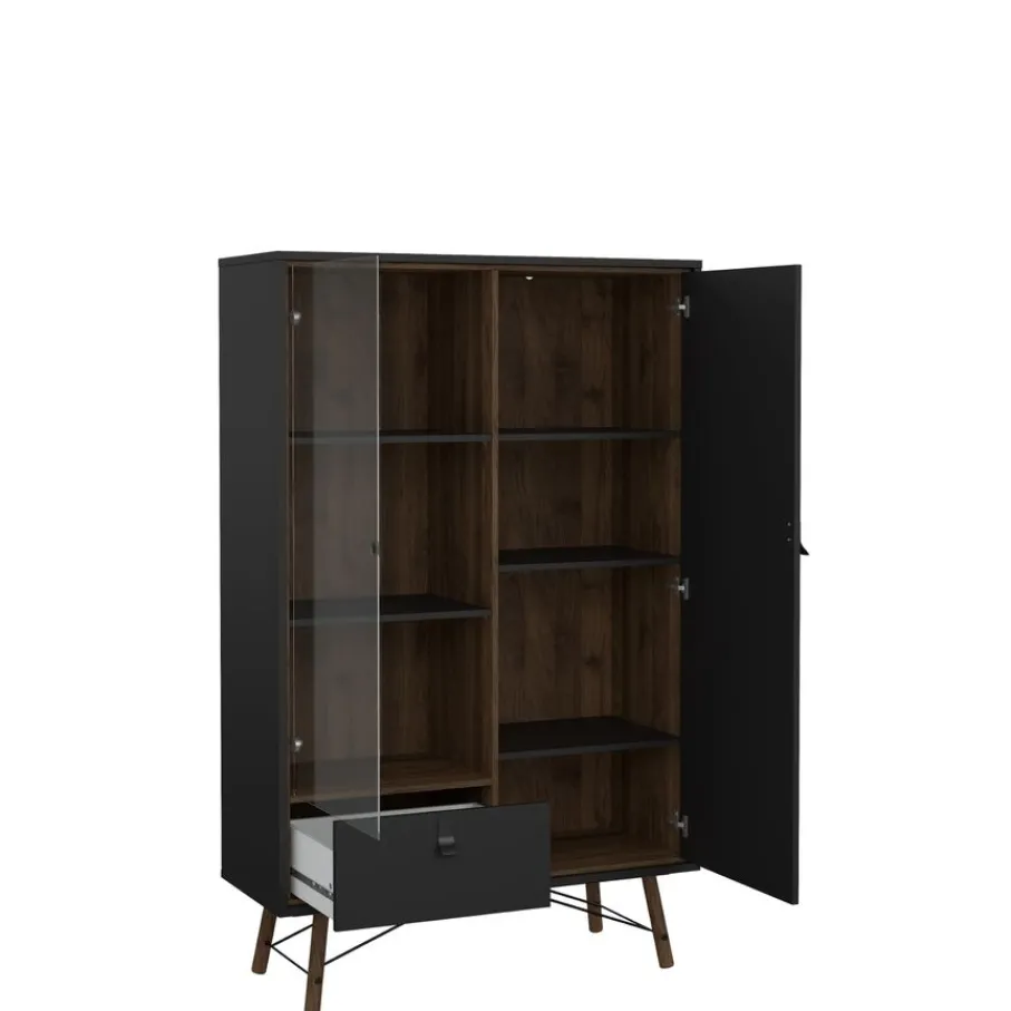 Vitrinekasten< Vitrinekast Denver Zwart / Walnoot - 102x162x40 cm