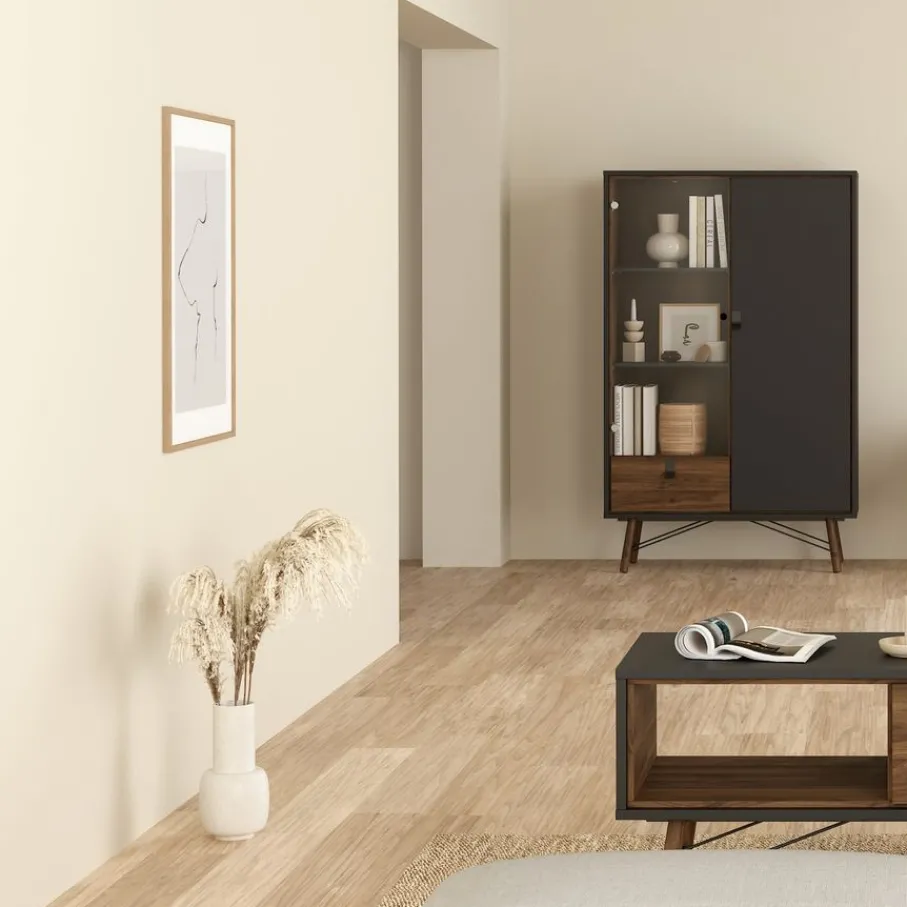 Vitrinekasten< Vitrinekast Denver Zwart / Walnoot - 102x162x40 cm