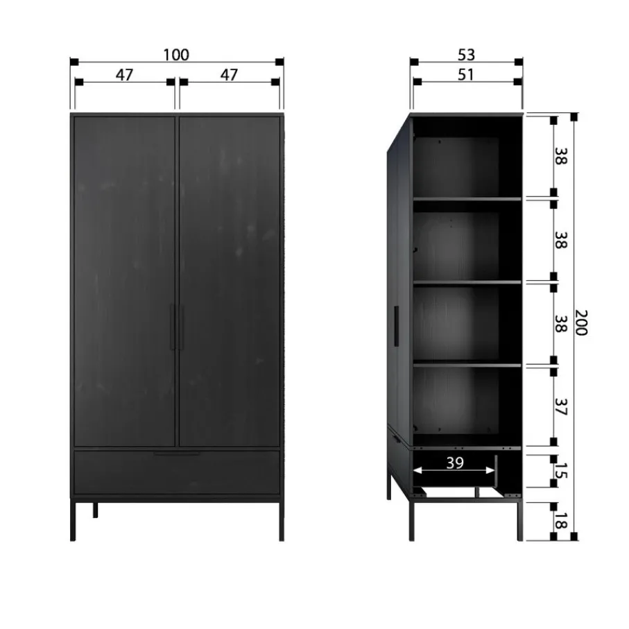 Kledingkasten<WOOOD Kledingkast Adam Zwart - 100x200x53 cm