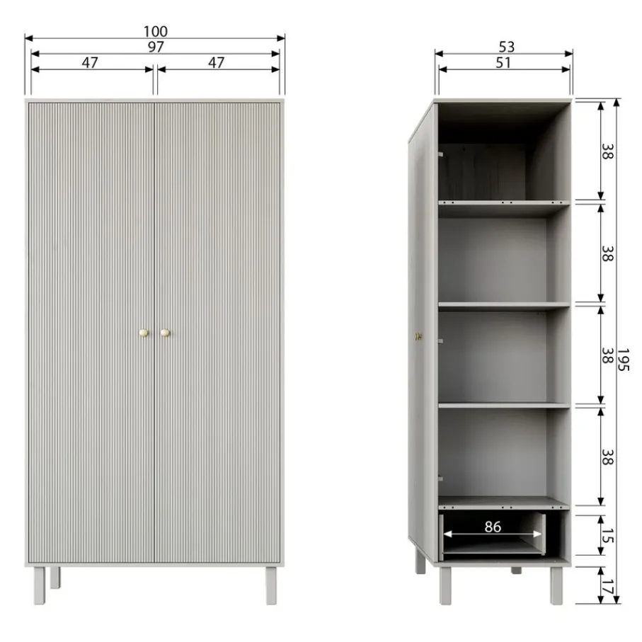 Kledingkasten<WOOOD Kledingkast Madu Grijs - 100x195x53 cm