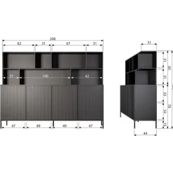 Wandkasten<WOOOD Wandkast New Gravure Zwart - 200x150x44 cm